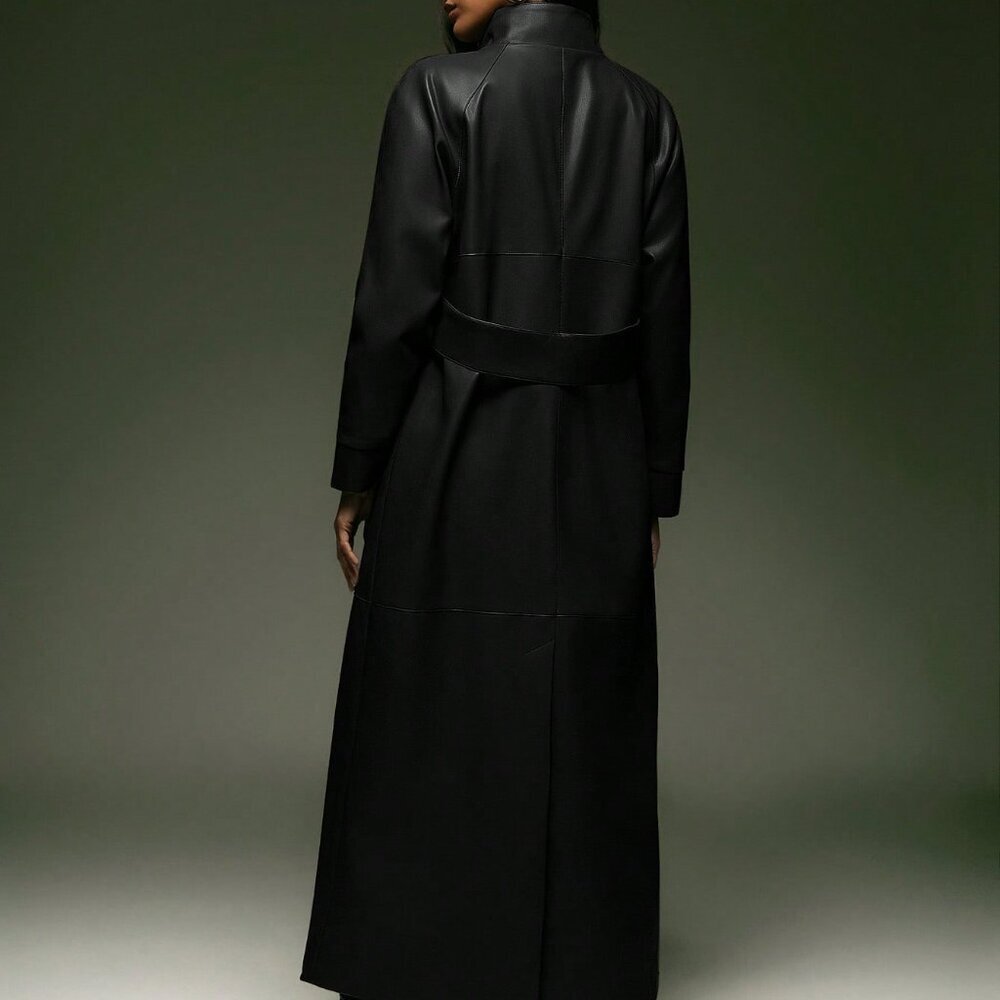 Black Casual Women High Neck Faux Leather Trench Coat - Picture 2 of 6